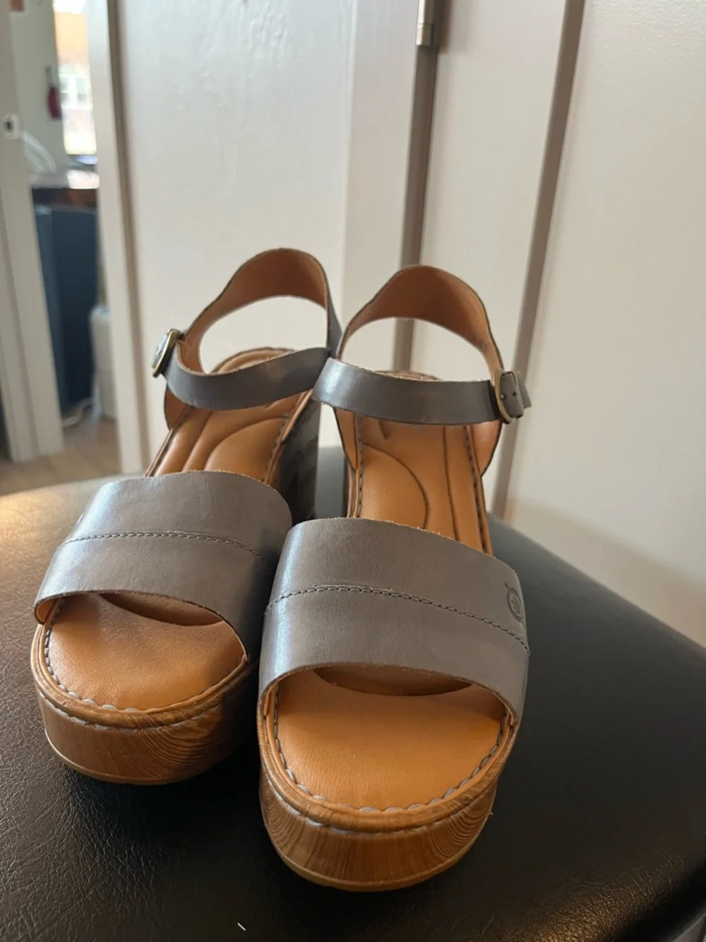 Born Silver Leather Platform Sandals with Wood-Effect Heel - Picture 5 of 9